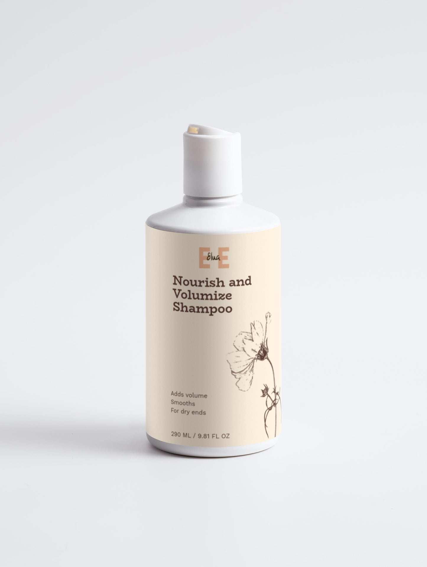 Shampoo bottle labeled 'Nourish and Volumize Shampoo' on a white background